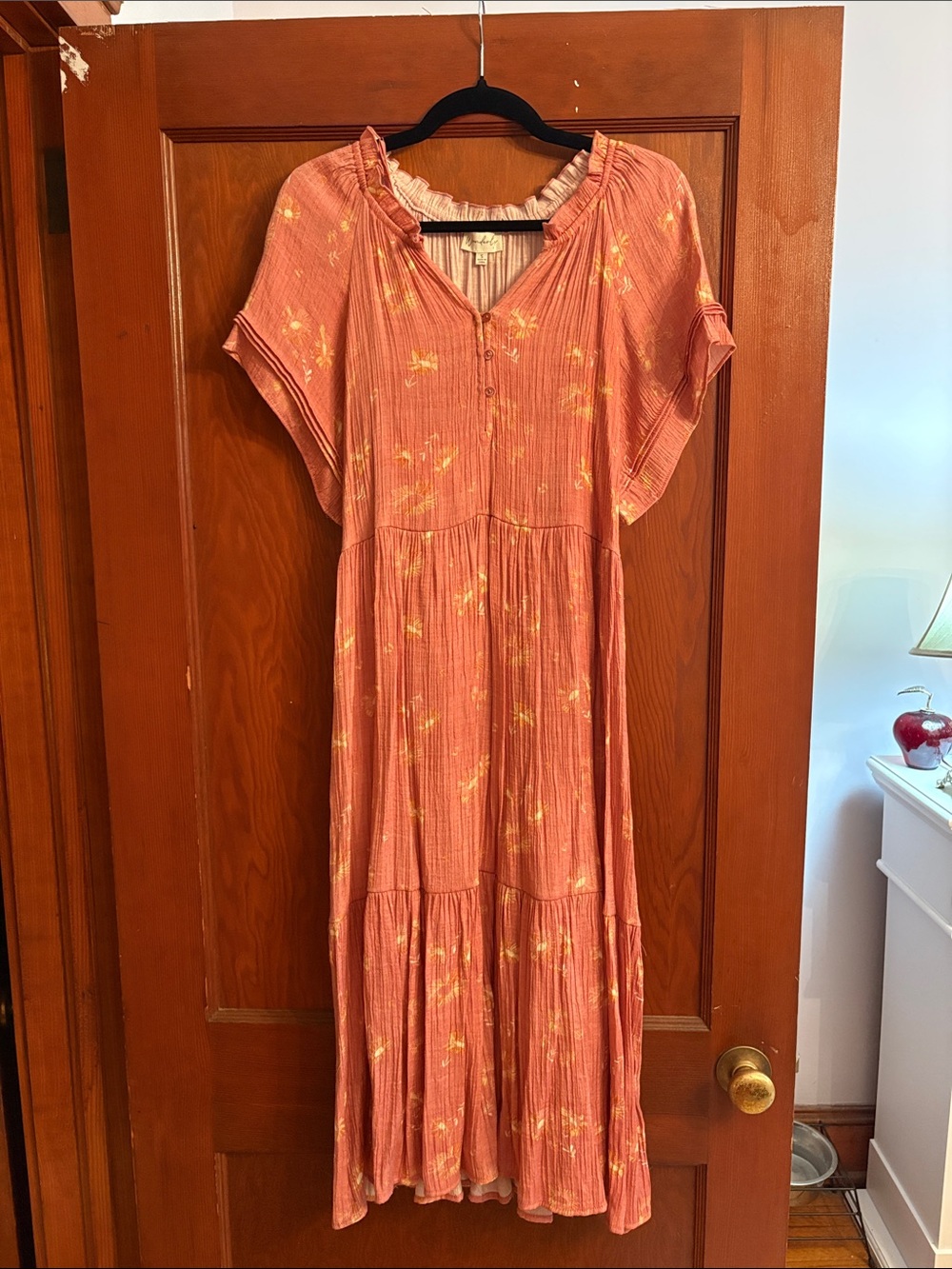 Boho Tiered Midi Dress - Coral with Yellow Floral